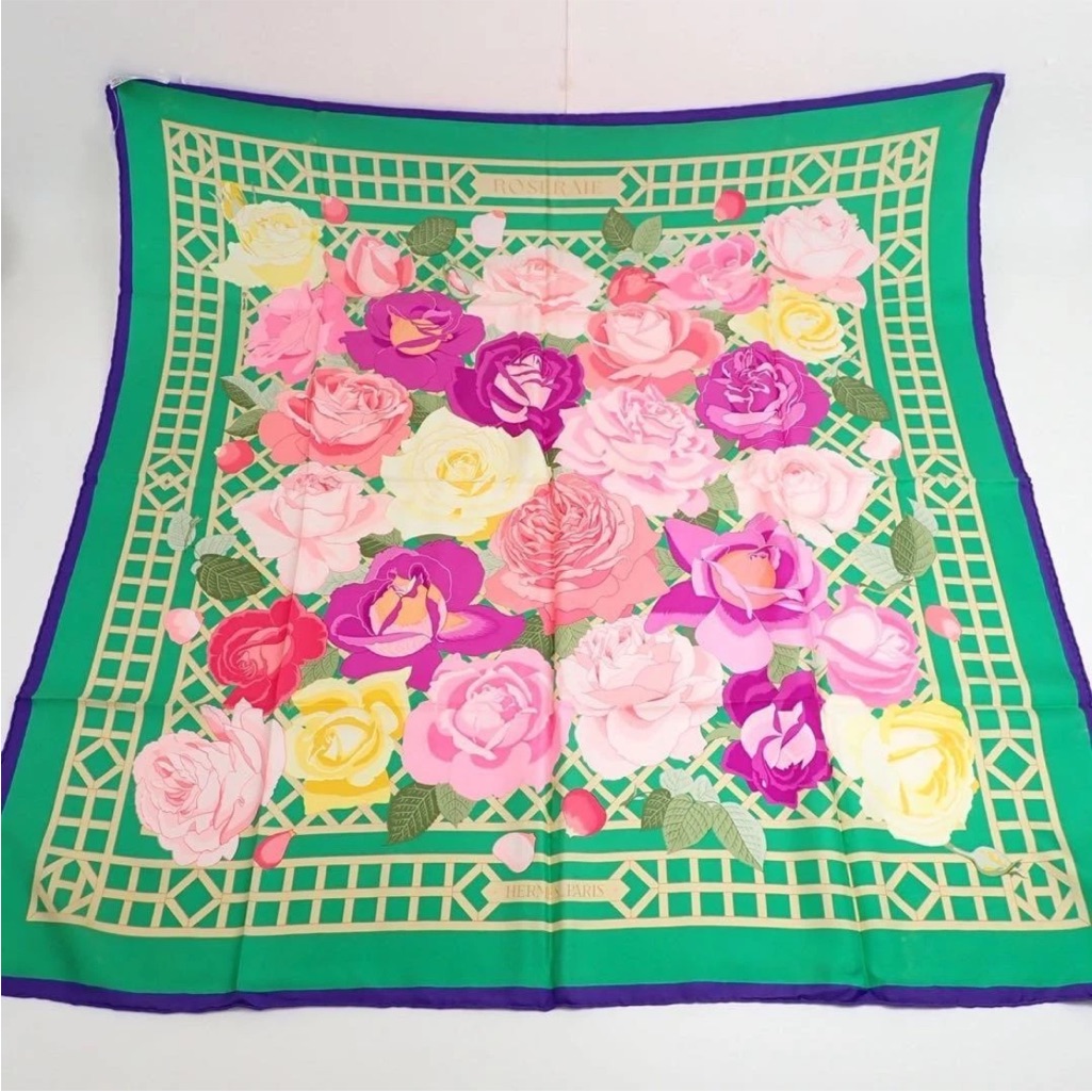 Hermes Silk Scarf With Pink And Green Floral Design